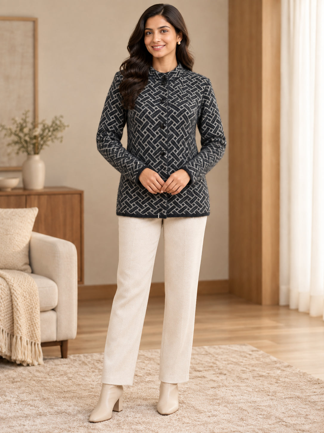Black Geometric Knit Woolen Cardigan - Image 2