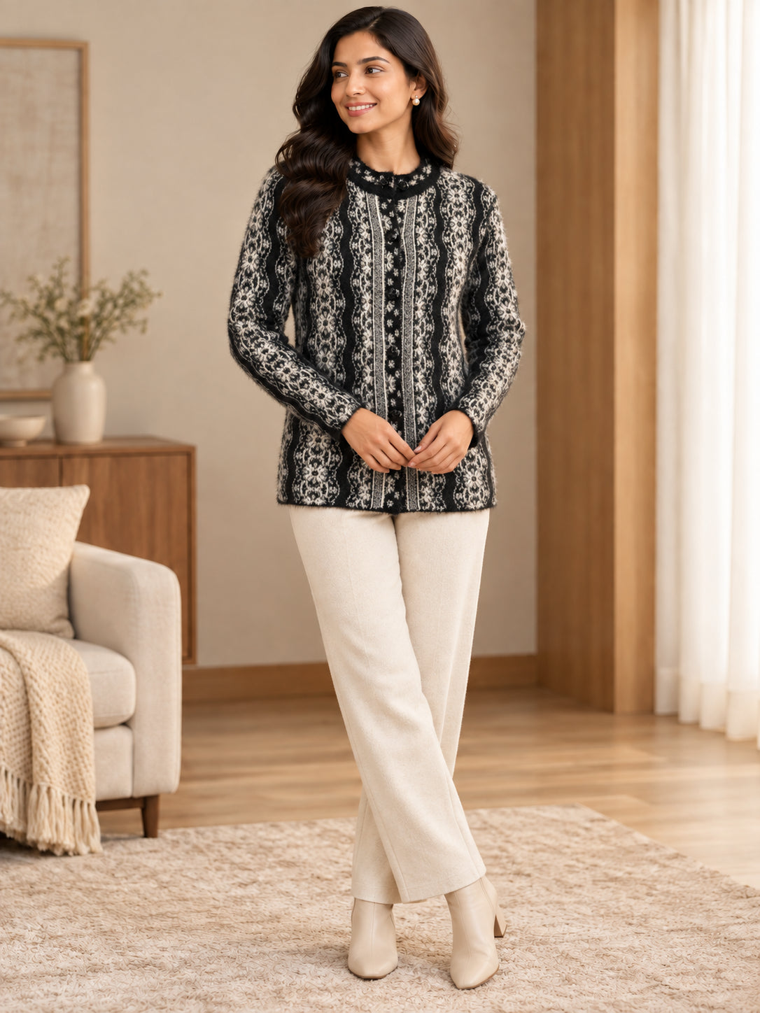 Black Botanical Stripe Woolen Cardigan - Image 1