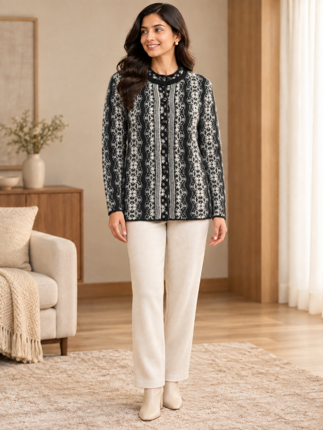 Black Botanical Stripe Woolen Cardigan - Image 2