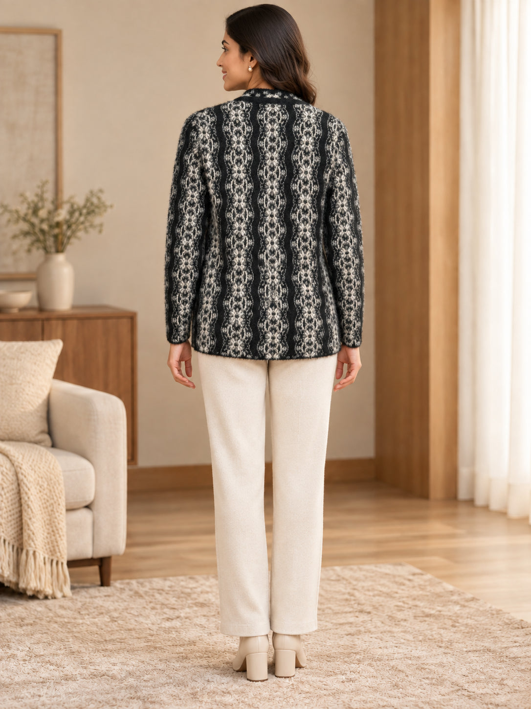 Black Botanical Stripe Woolen Cardigan - Image 4