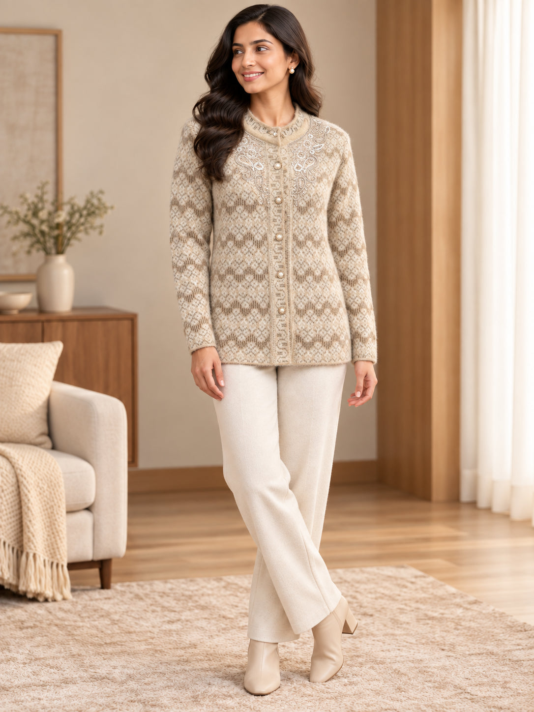 Beige Embellished Floral Woolen Cardigan - Image 1