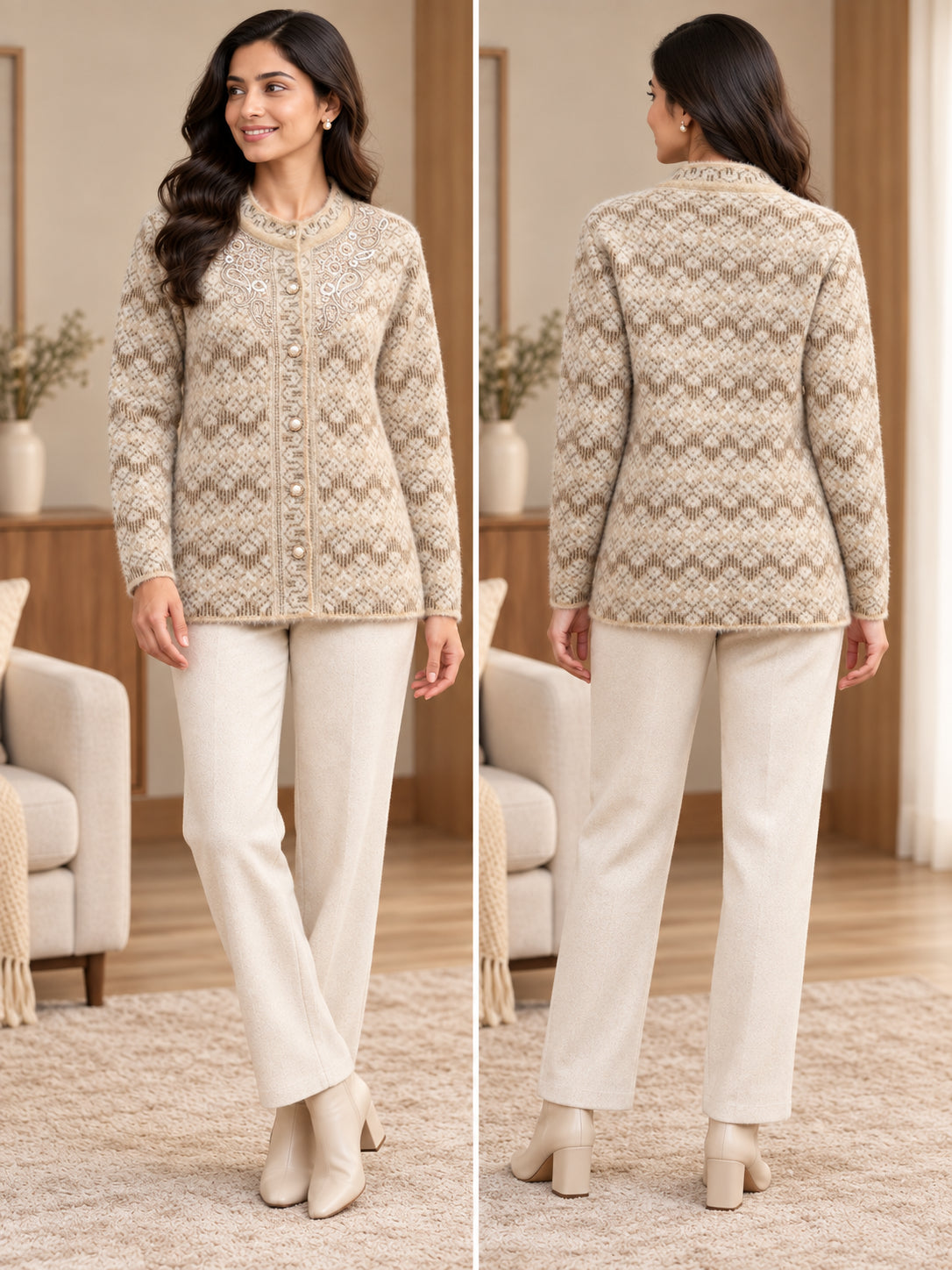 Beige Embellished Floral Woolen Cardigan - Image 4