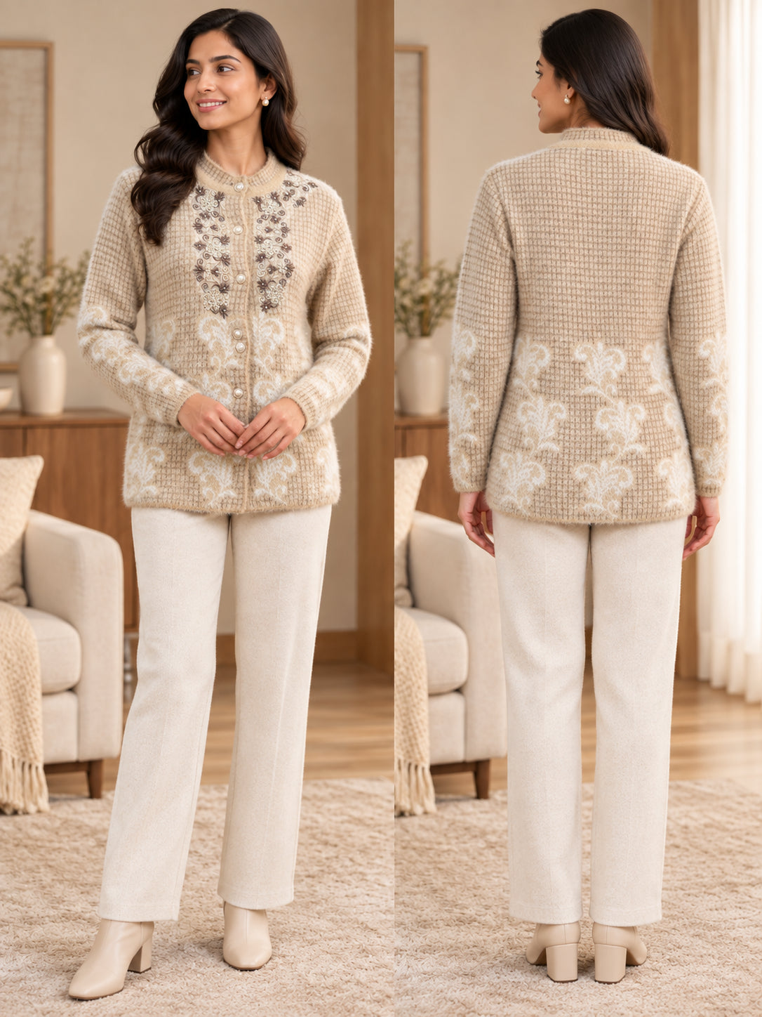 Beige Floral Vine Woolen Cardigan - Image 4