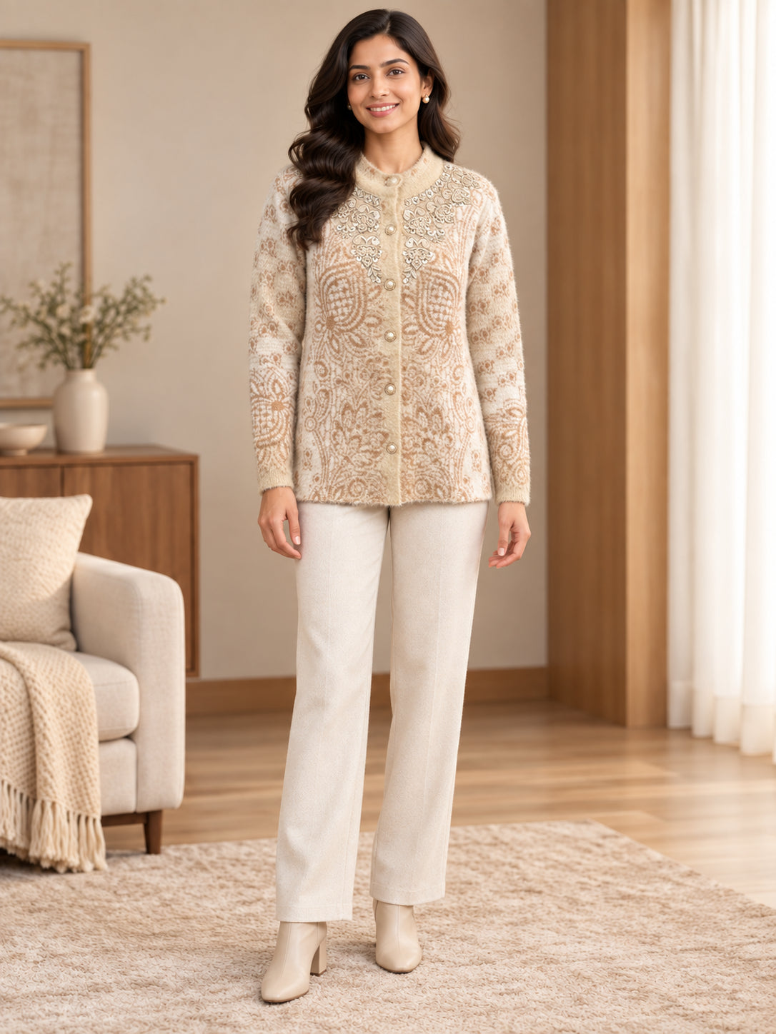 Beige Paisley Medallion Woolen Cardigan - Image 2