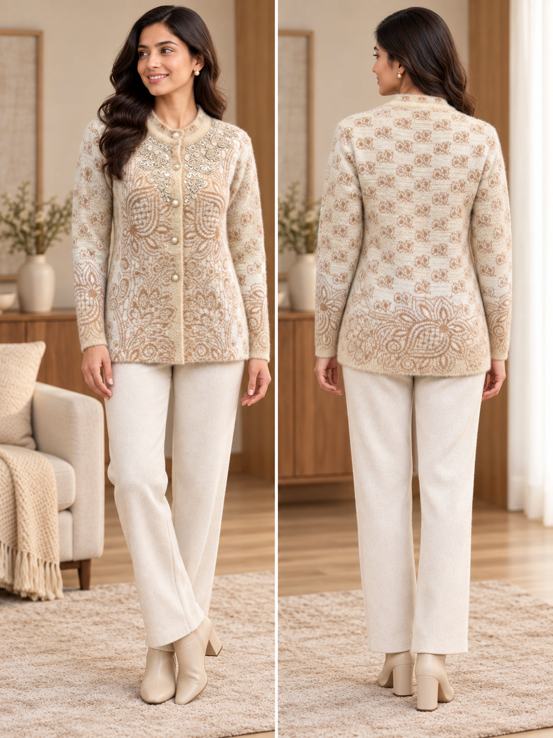 Beige Paisley Medallion Woolen Cardigan - Image 4