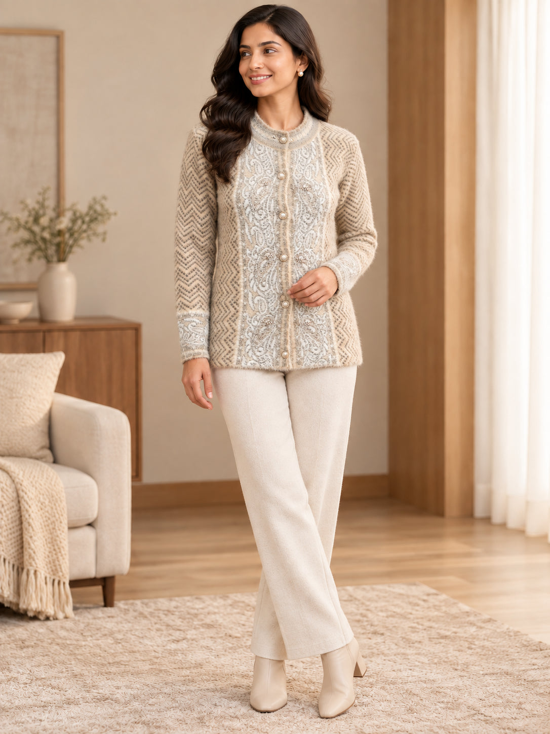 Cream Chevron Panel Woolen Cardigan - Image 1