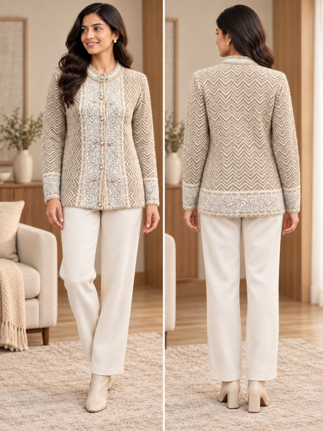 Cream Chevron Panel Woolen Cardigan - Image 4