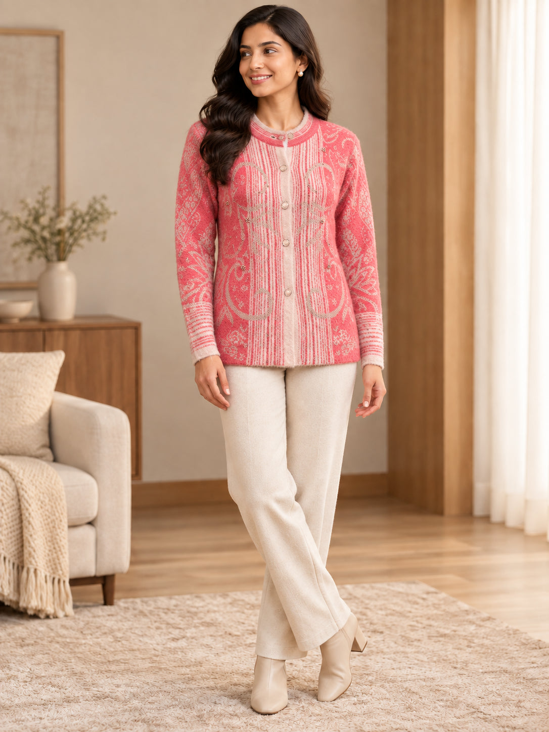 Pink Paisley Stripe Woolen Cardigan - Image 1