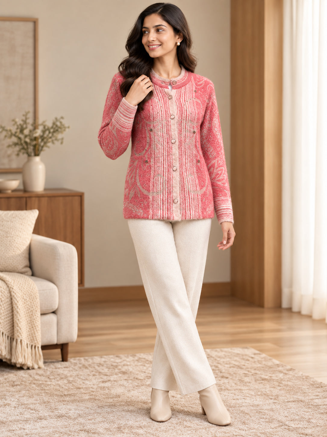 Pink Paisley Stripe Woolen Cardigan - Image 3