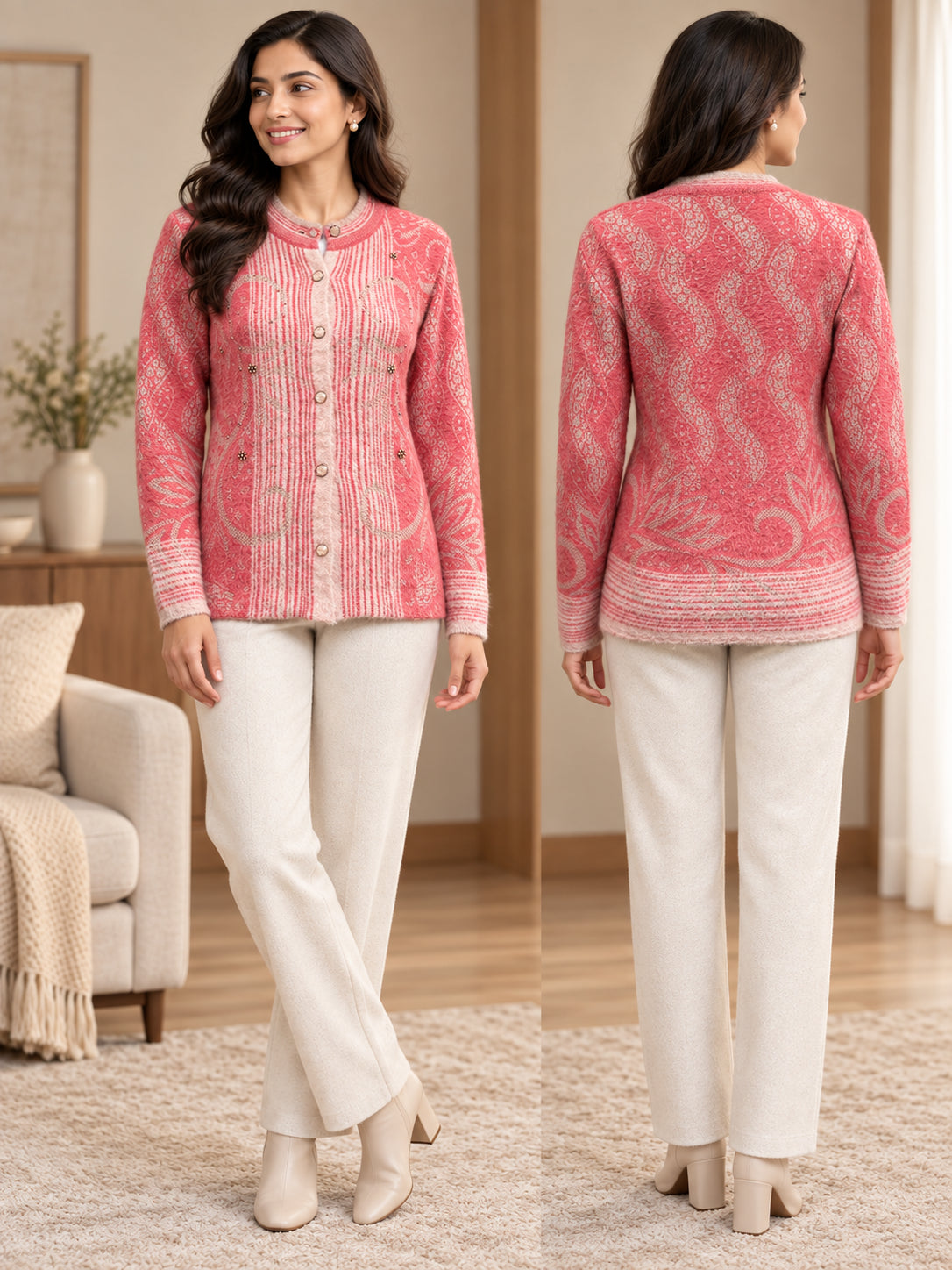 Pink Paisley Stripe Woolen Cardigan - Image 4