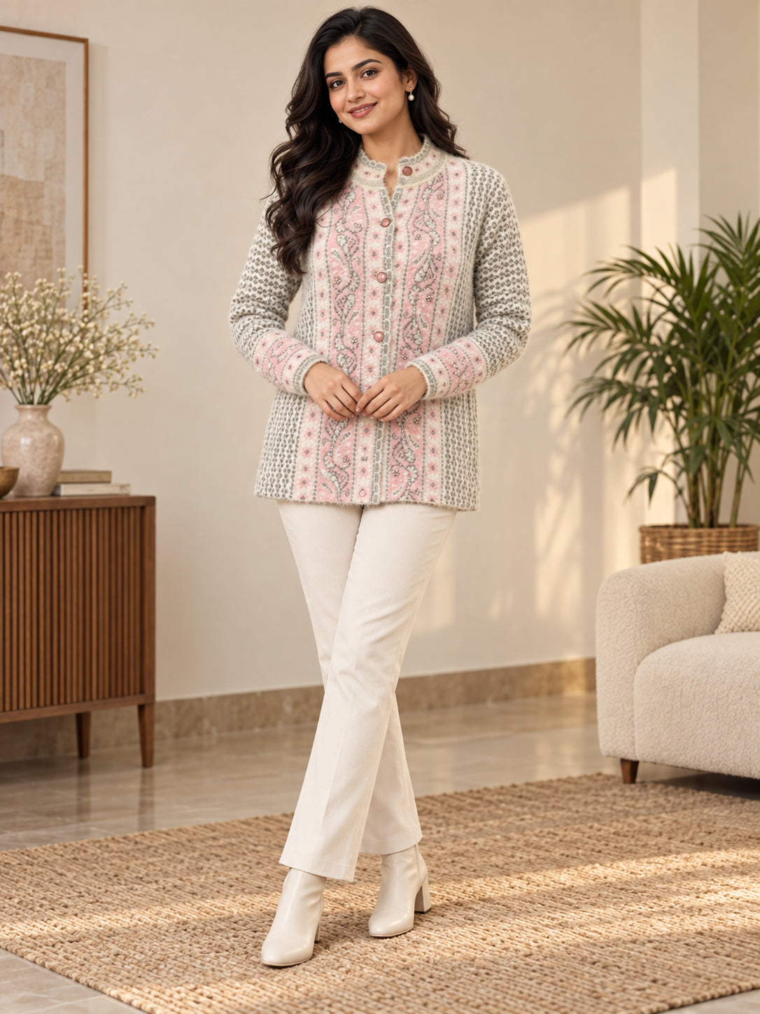 White Pink Floral Panel Woolen Cardigan - Image 1