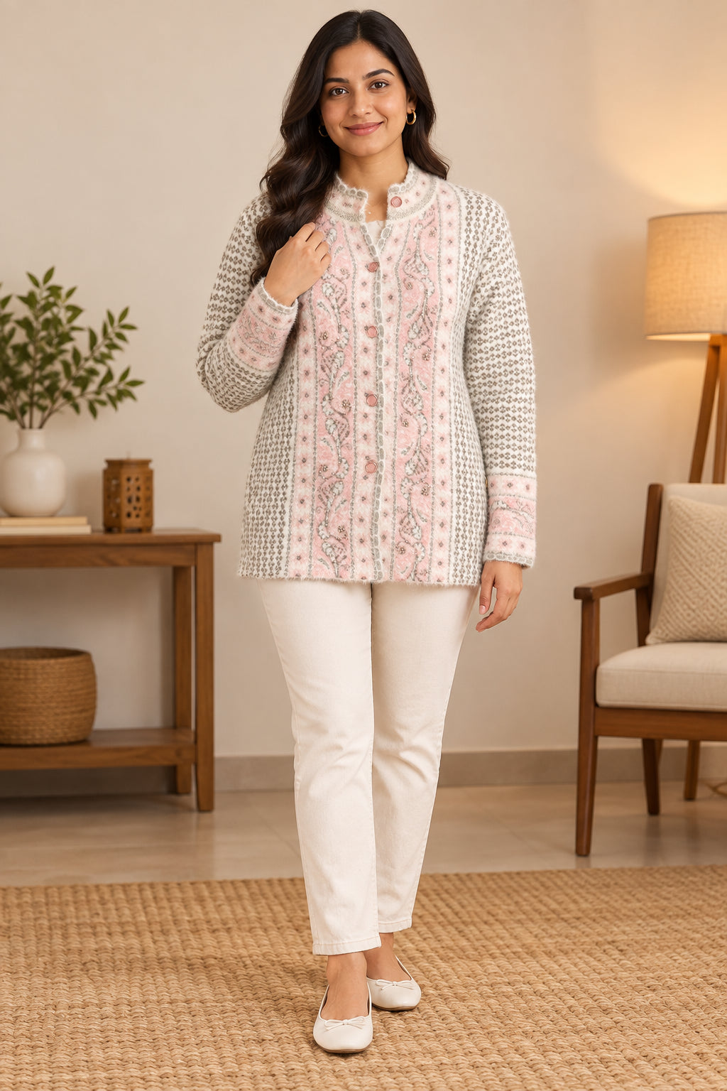 White Pink Floral Panel Woolen Cardigan - Image 2