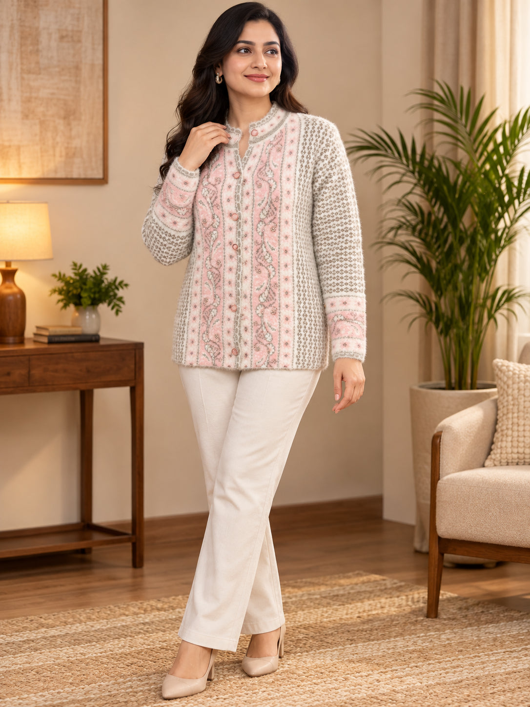 White Pink Floral Panel Woolen Cardigan - Image 5