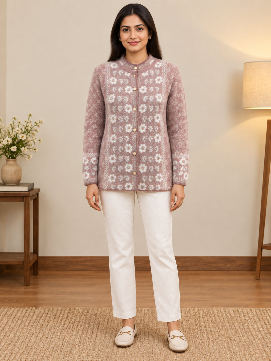 Purple Floral Vine Woolen Cardigan - Image 2