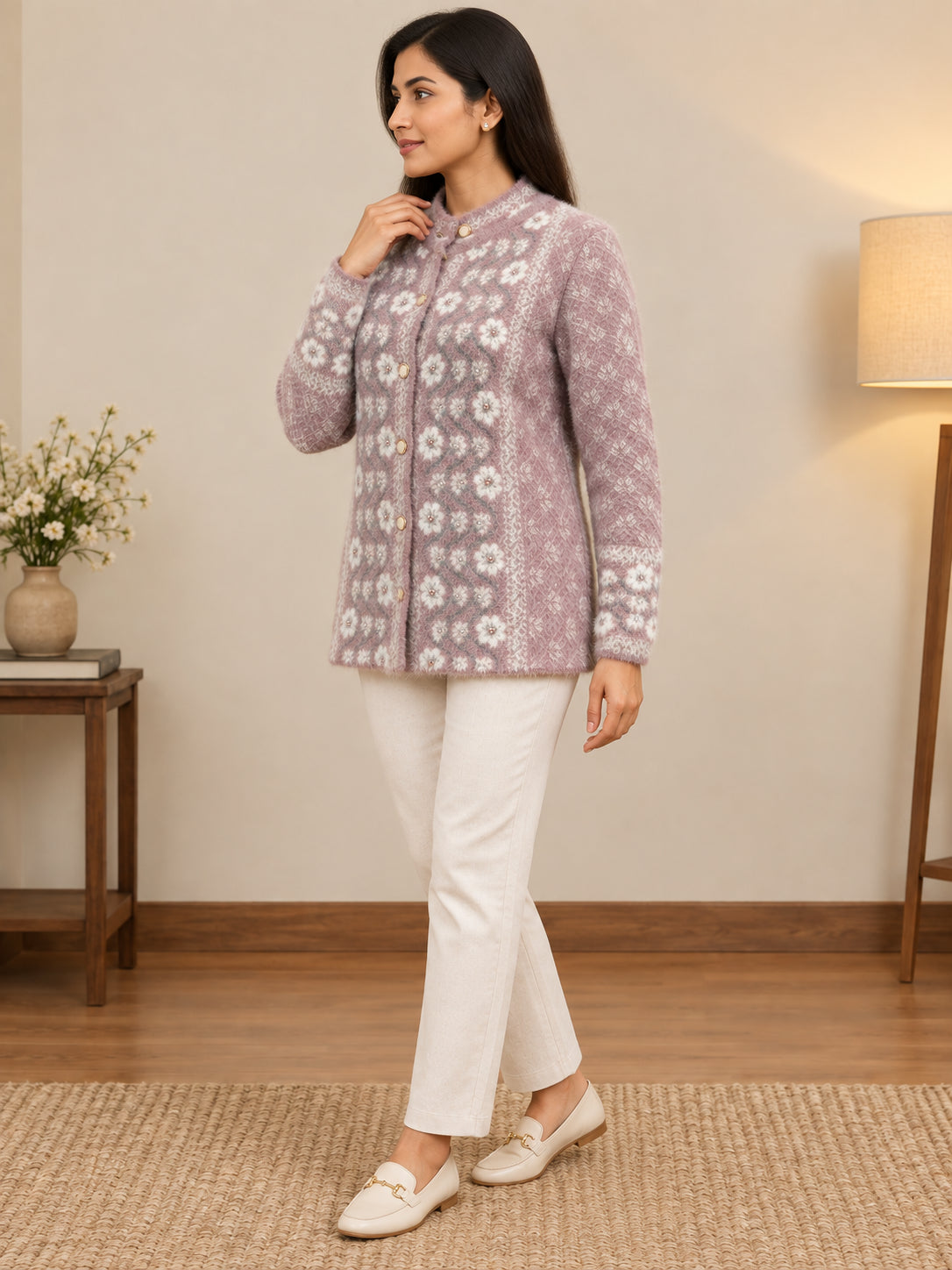 Purple Floral Vine Woolen Cardigan - Image 3