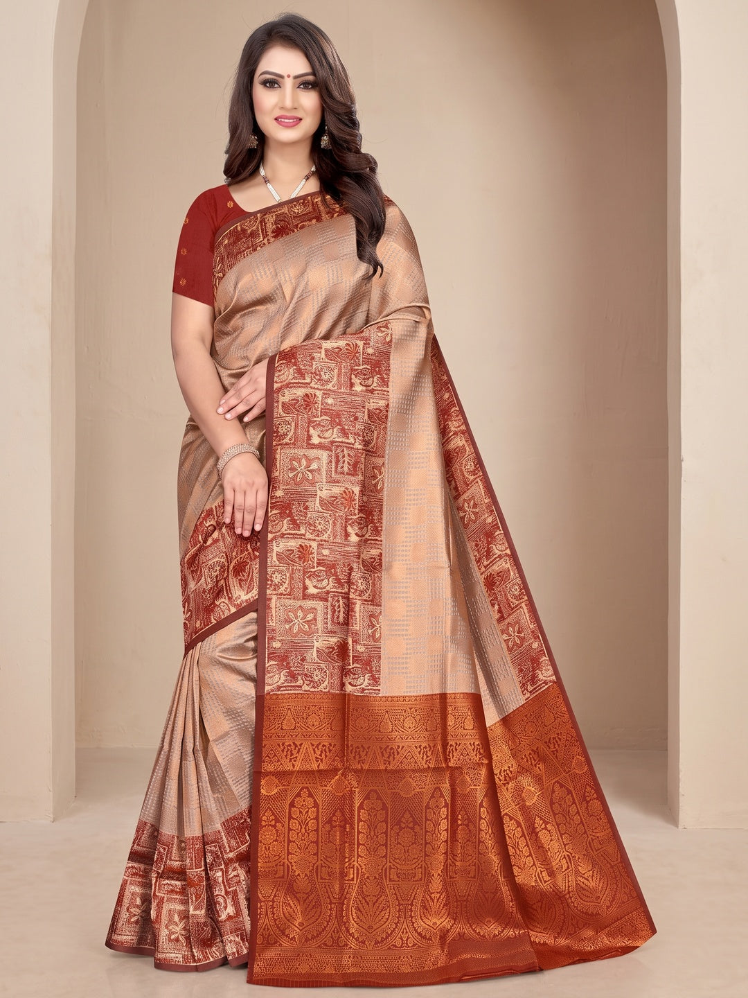 Peachmode Beige Sitara Silk Woven Saree - Image 1