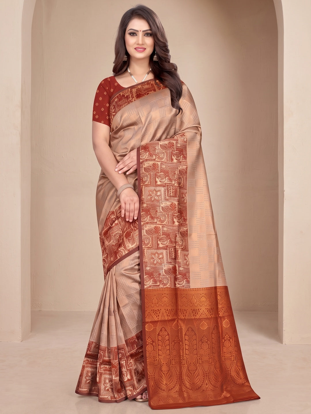 Peachmode Beige Sitara Silk Woven Saree - Image 2