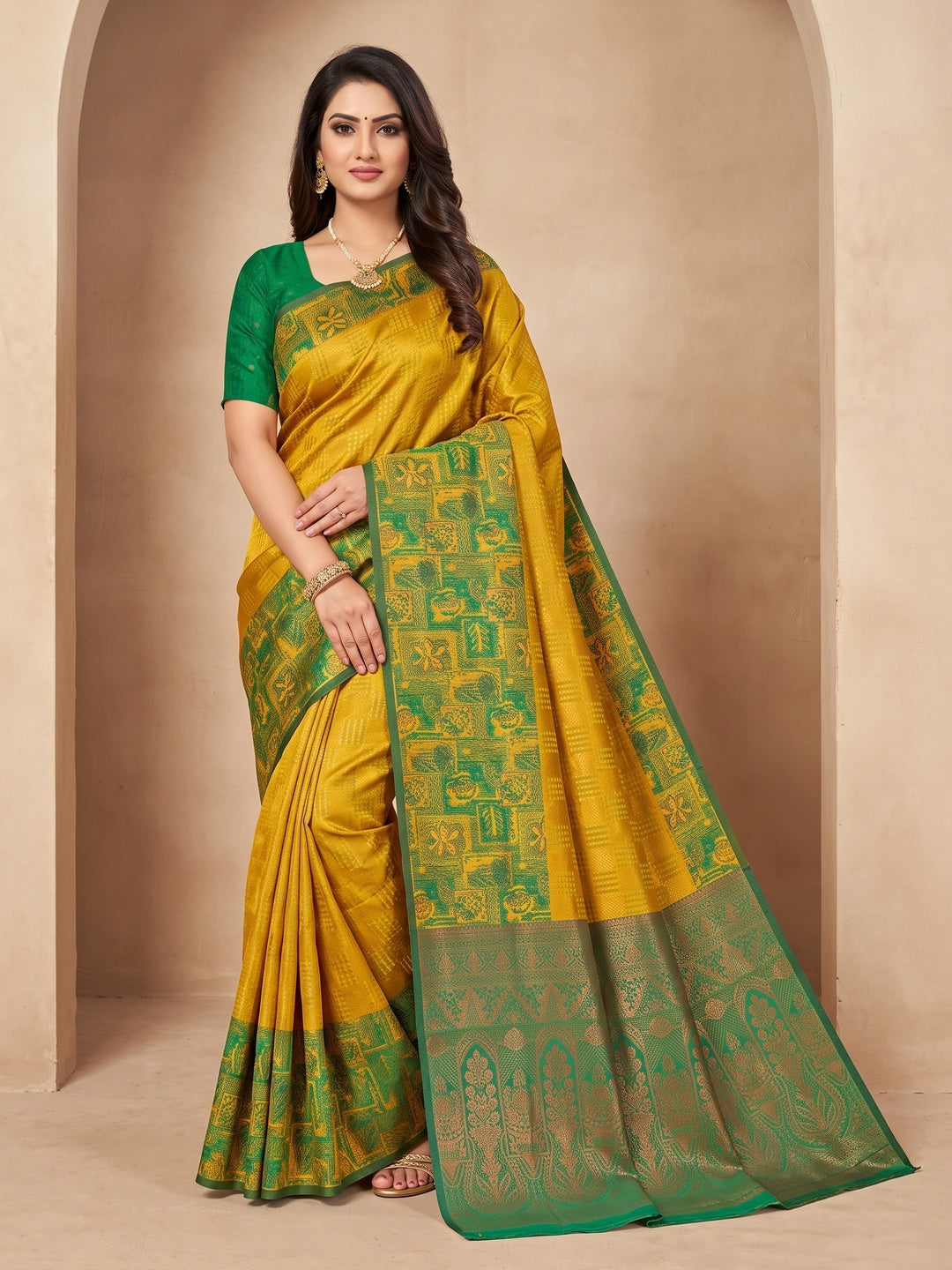 Peachmode Mustard Sitara Silk Woven Saree - Image 1