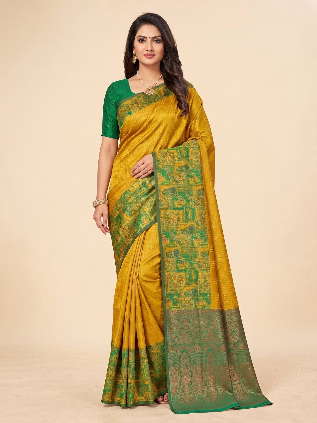 Peachmode Mustard Sitara Silk Woven Saree - Image 3