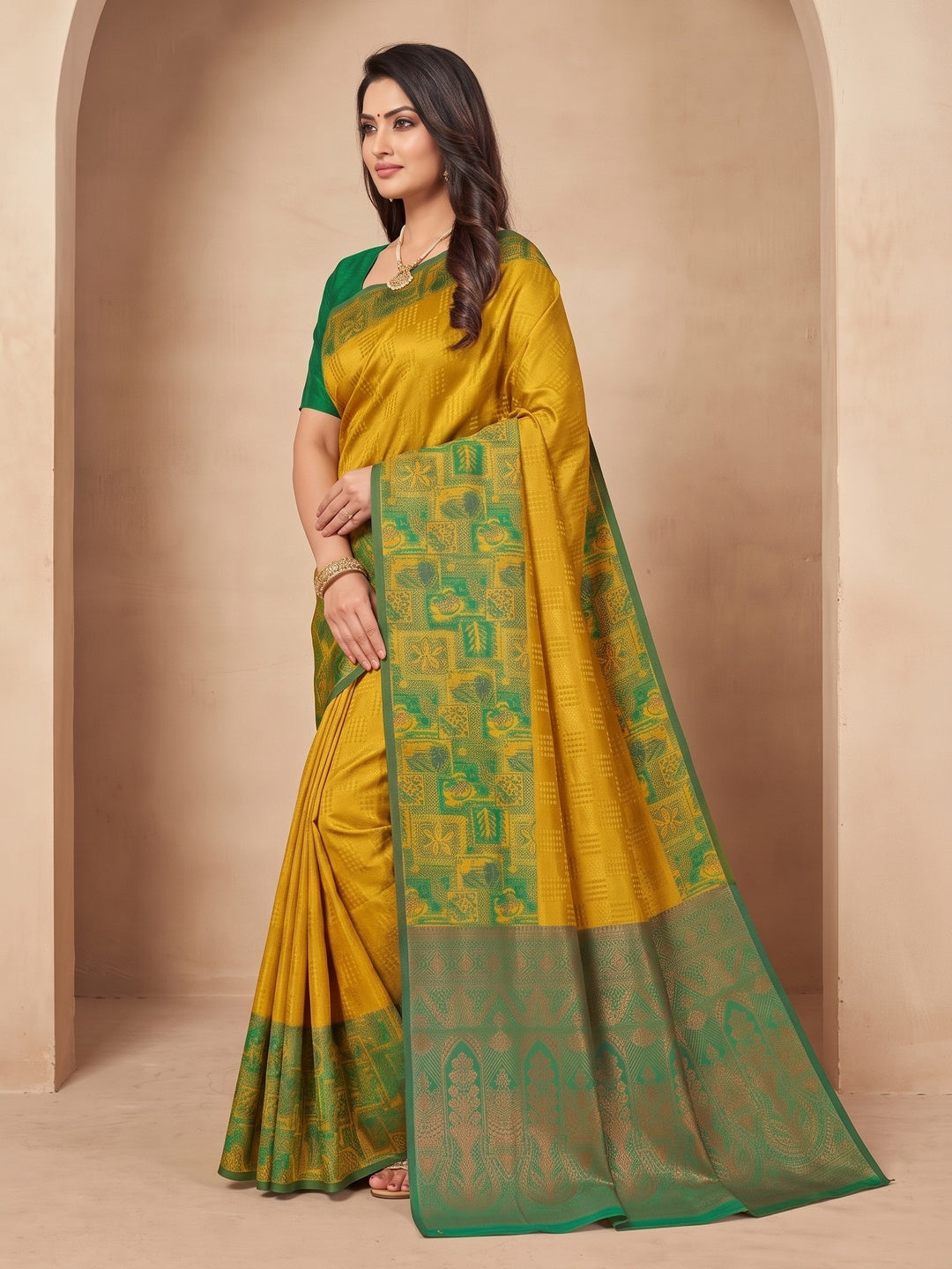 Peachmode Mustard Sitara Silk Woven Saree - Image 4