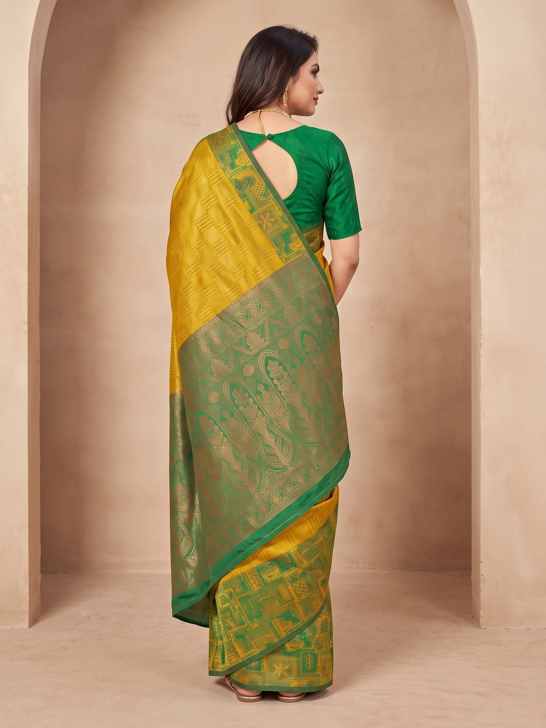 Peachmode Mustard Sitara Silk Woven Saree - Image 5