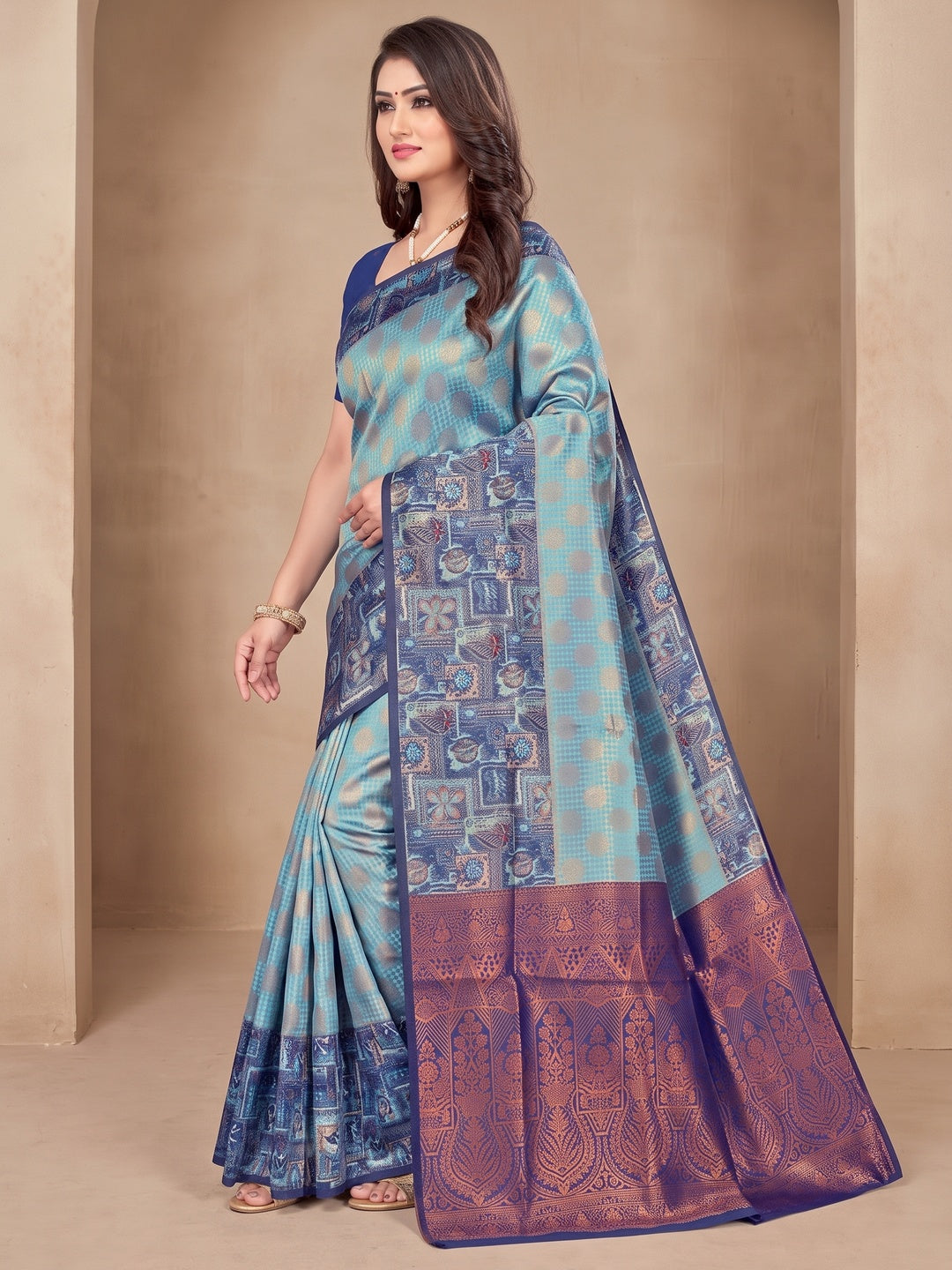 Peachmode Blue Sitara Silk Woven Saree - Image 4