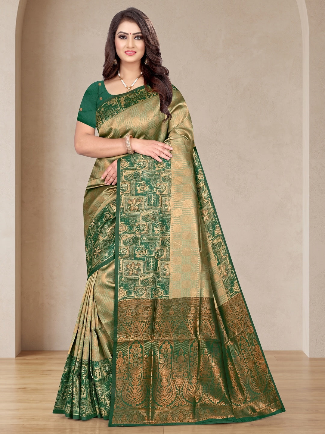 Peachmode Olive Sitara Silk Woven Saree - Image 1