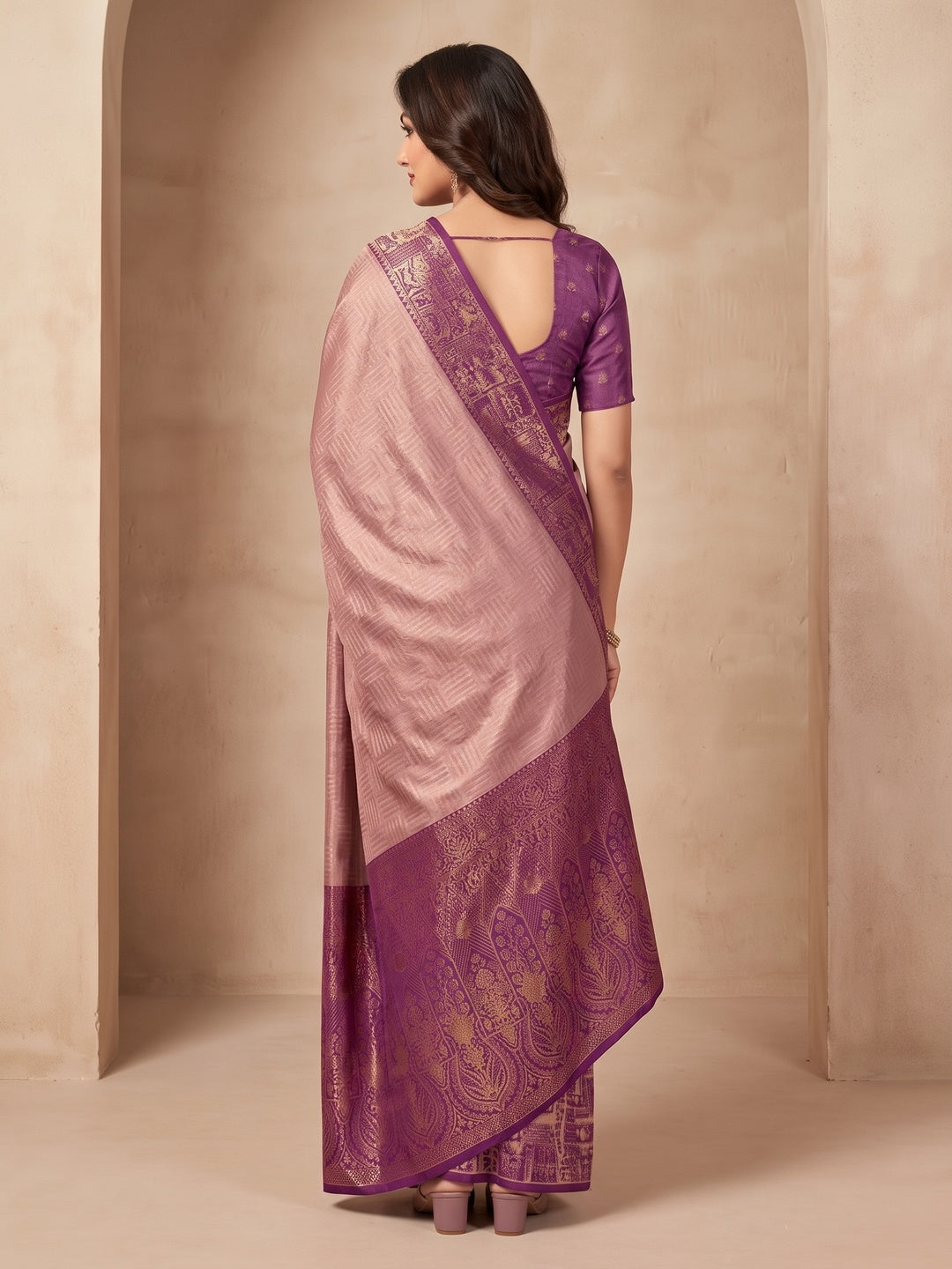 Peachmode Mauve Sitara Silk Woven Saree - Image 5