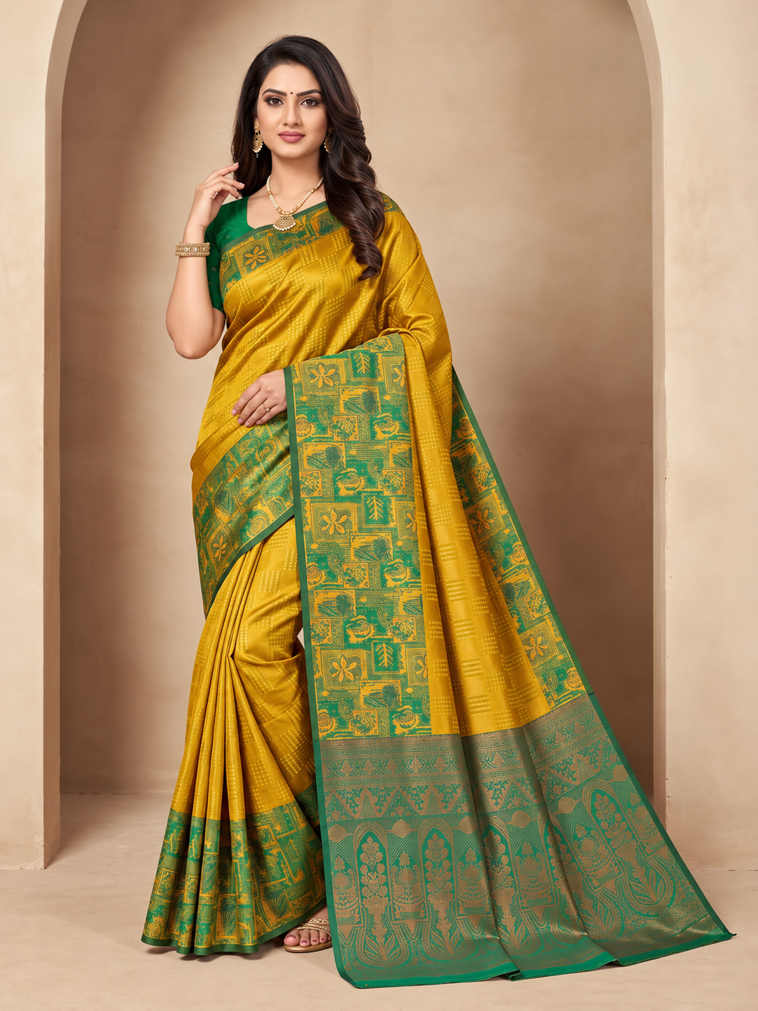 Peachmode Mustard Sitara Silk Woven Saree - Image 2