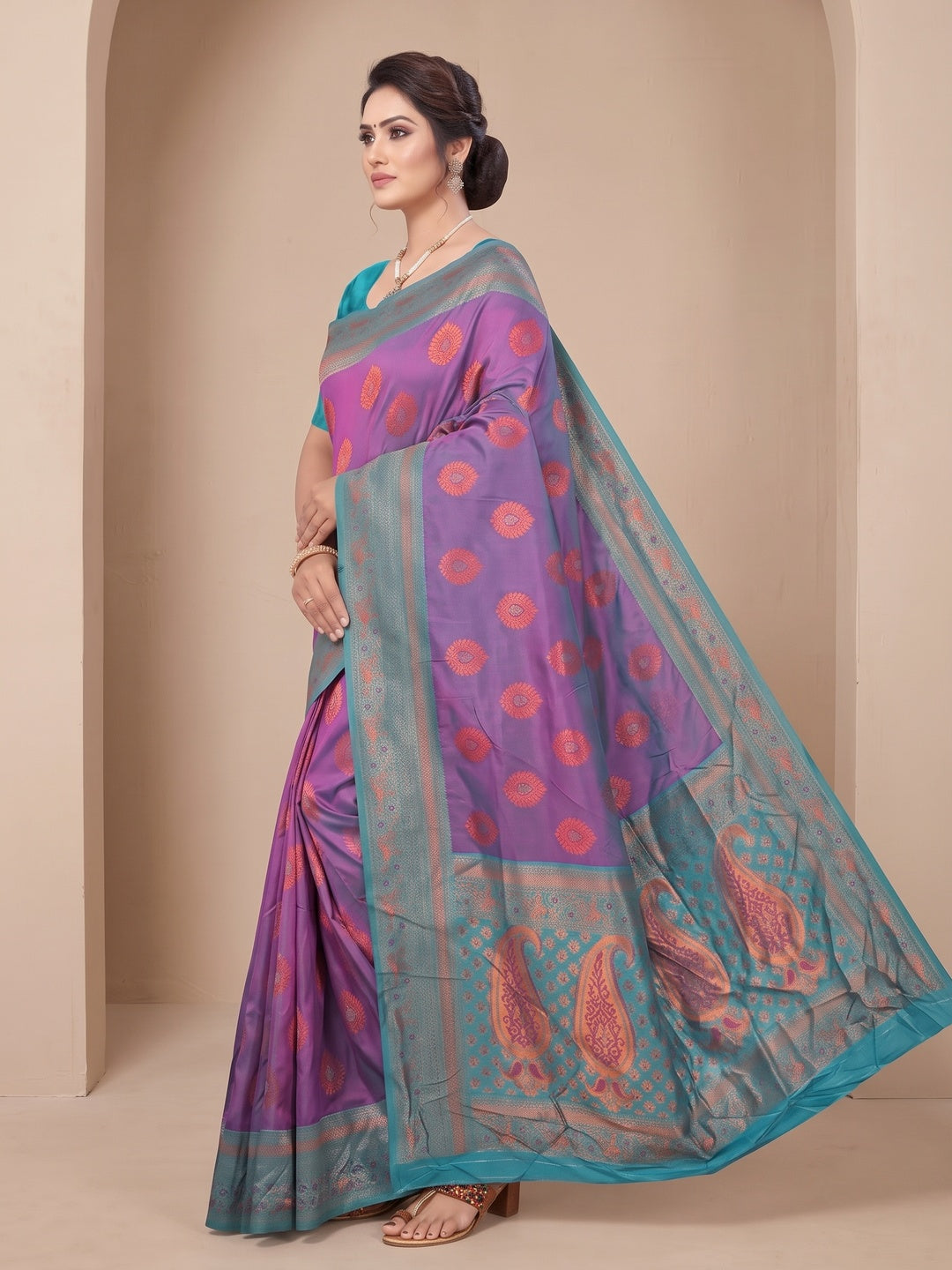 Peachmode Purple Classima Pure Silk Woven Saree - Image 3