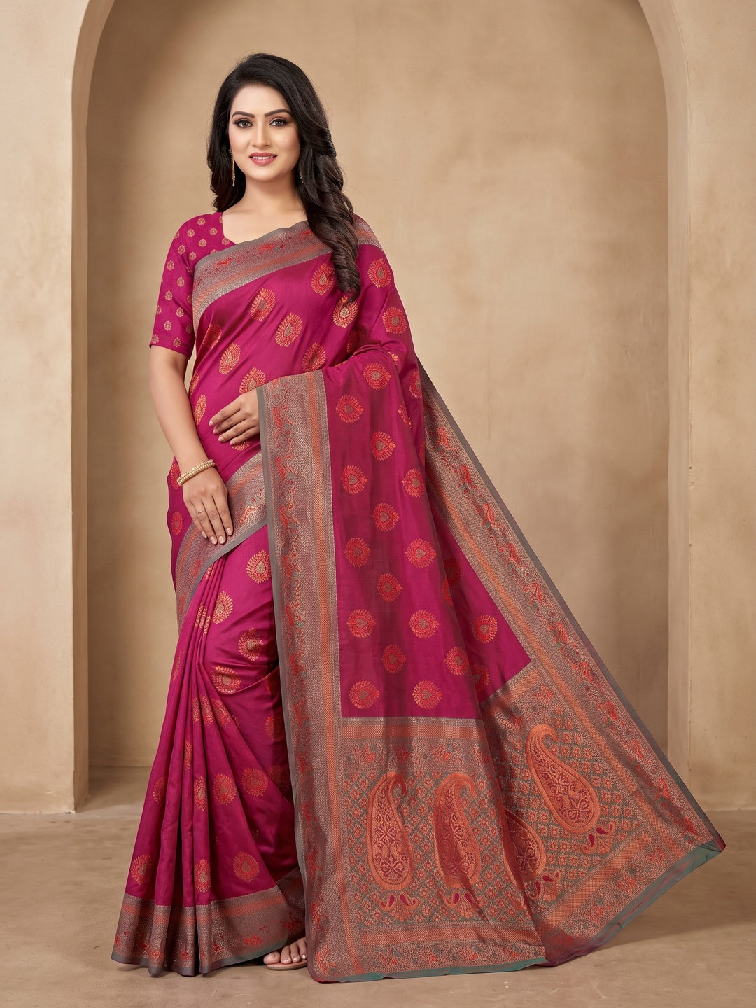 Peachmode Magenta Classima Pure Silk Woven Saree - Image 1