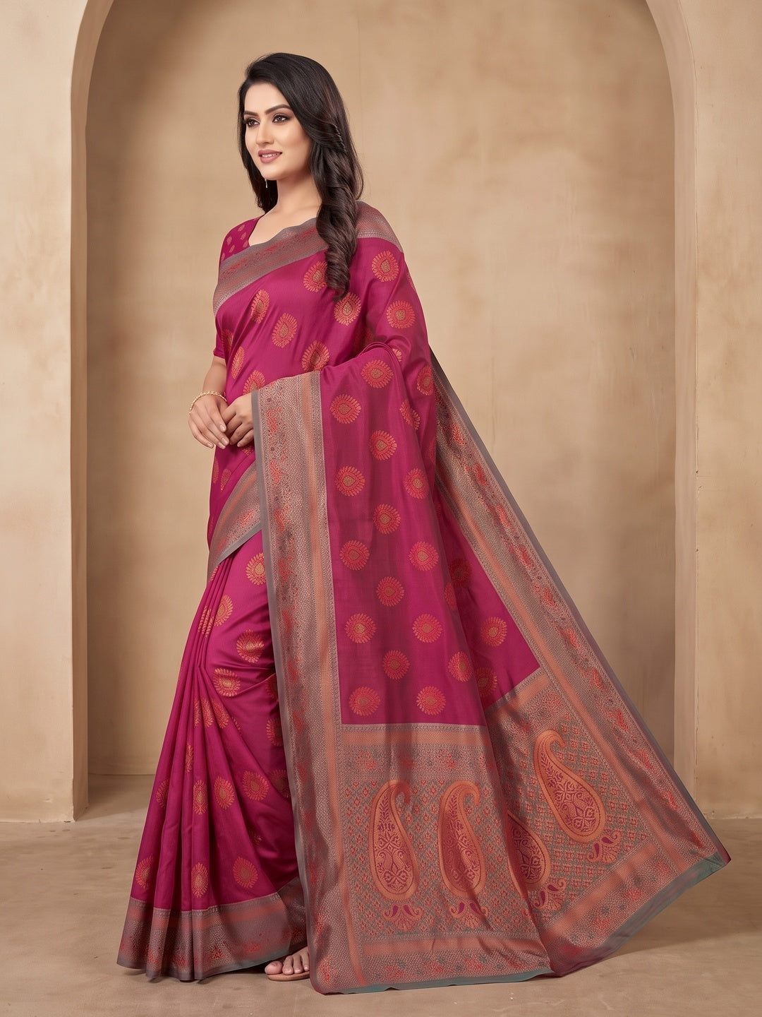 Peachmode Magenta Classima Pure Silk Woven Saree - Image 3