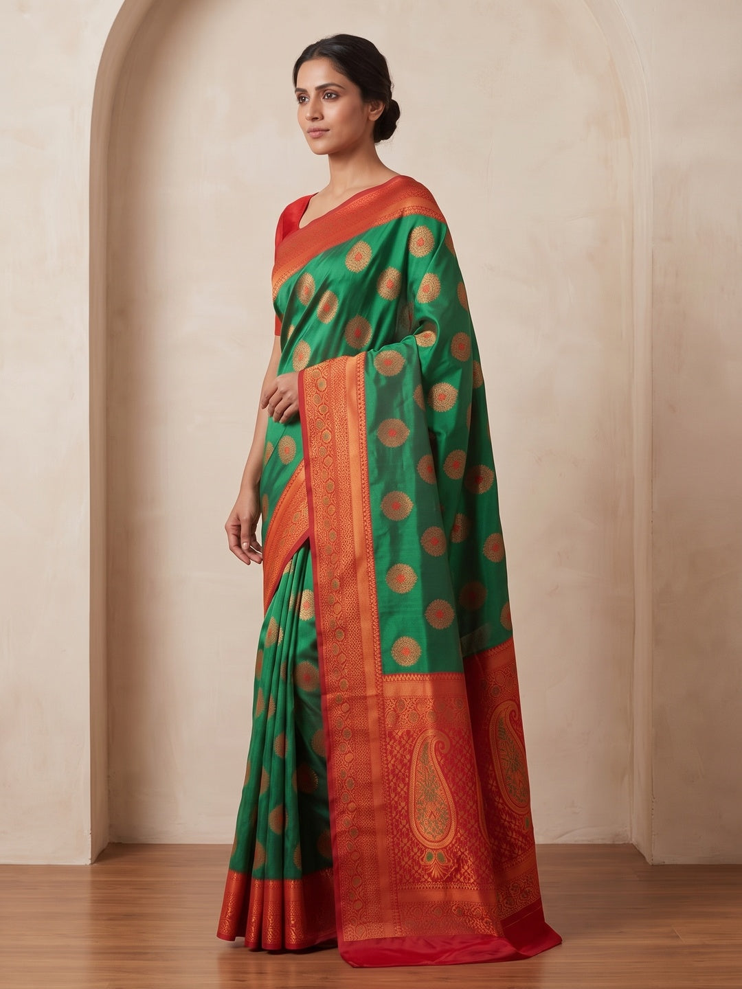 Peachmode Green Classima Pure Silk Woven Saree - Image 4