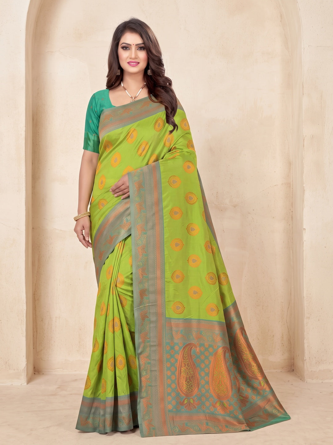 Peachmode Lime Green Classima Pure Silk Woven Saree - Image 2