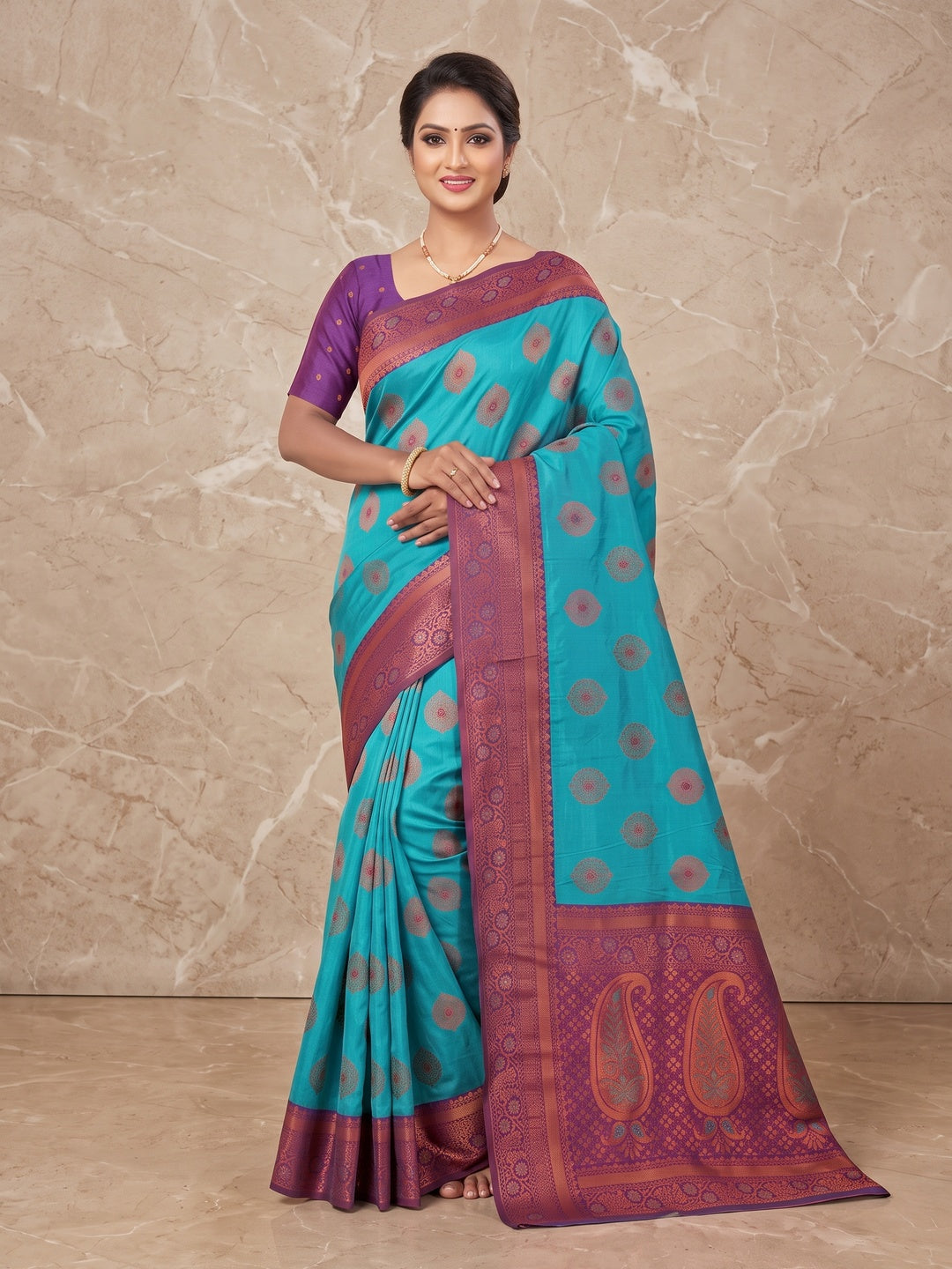 Peachmode Turquoise Classima Pure Silk Woven Saree - Image 2