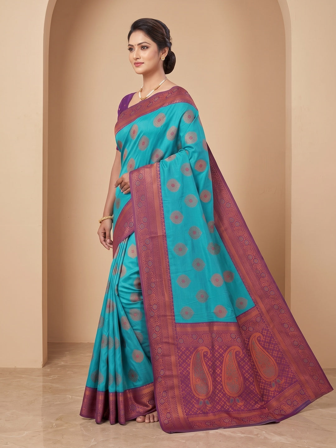 Peachmode Turquoise Classima Pure Silk Woven Saree - Image 3