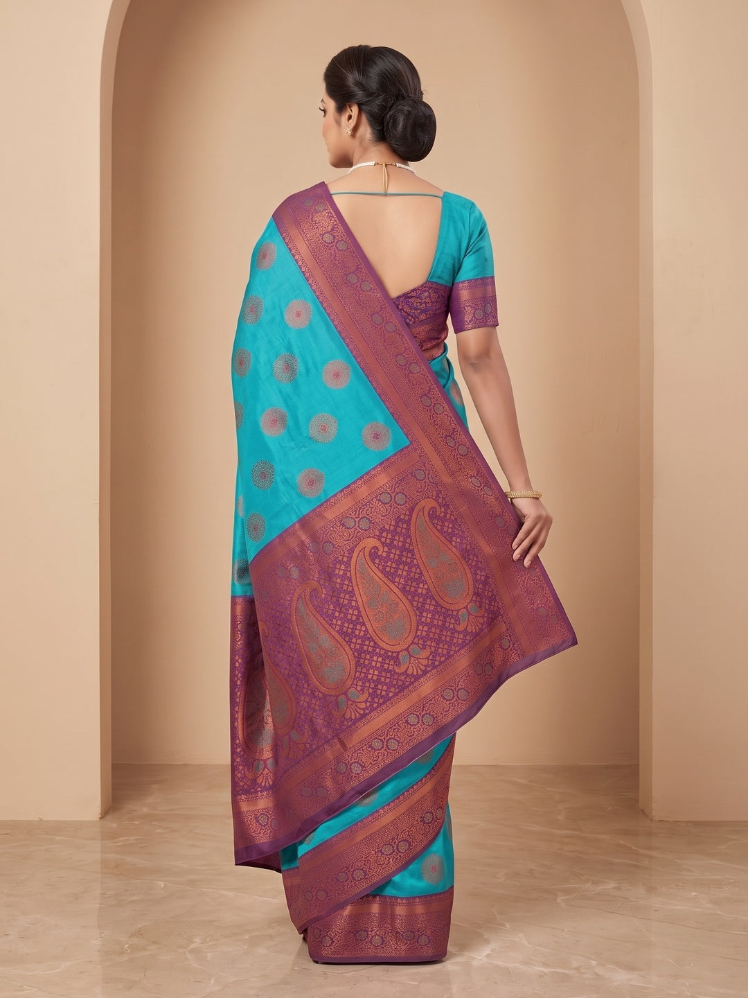 Peachmode Turquoise Classima Pure Silk Woven Saree - Image 5