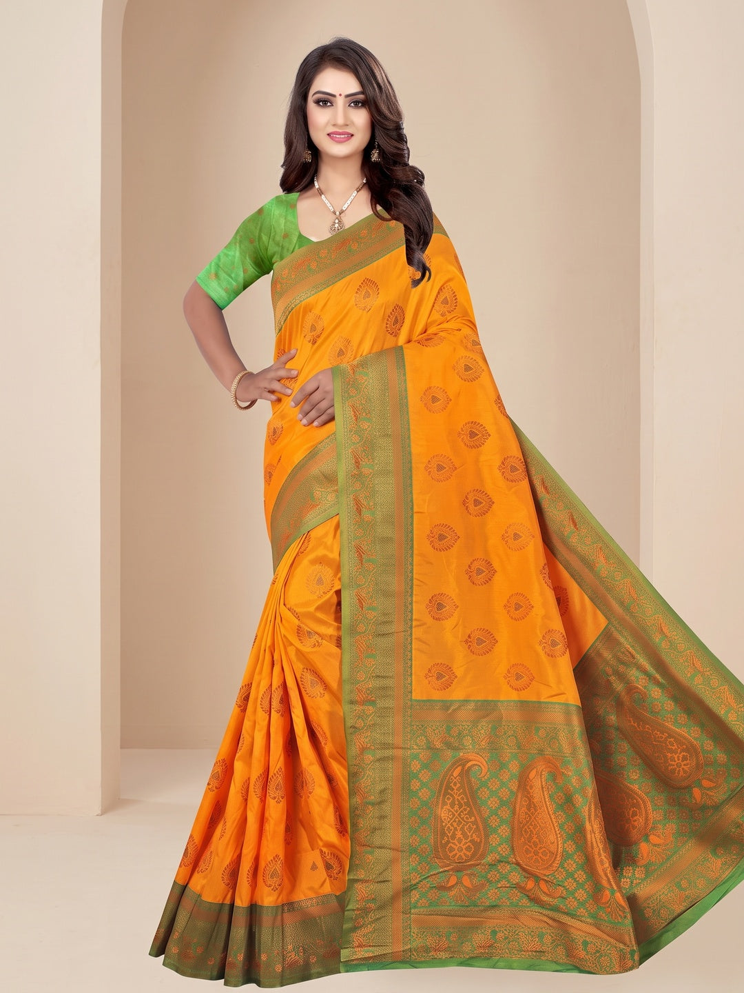 Peachmode Orange Classima Pure Silk Woven Saree - Image 1