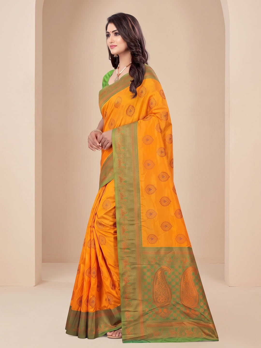 Peachmode Orange Classima Pure Silk Woven Saree - Image 3