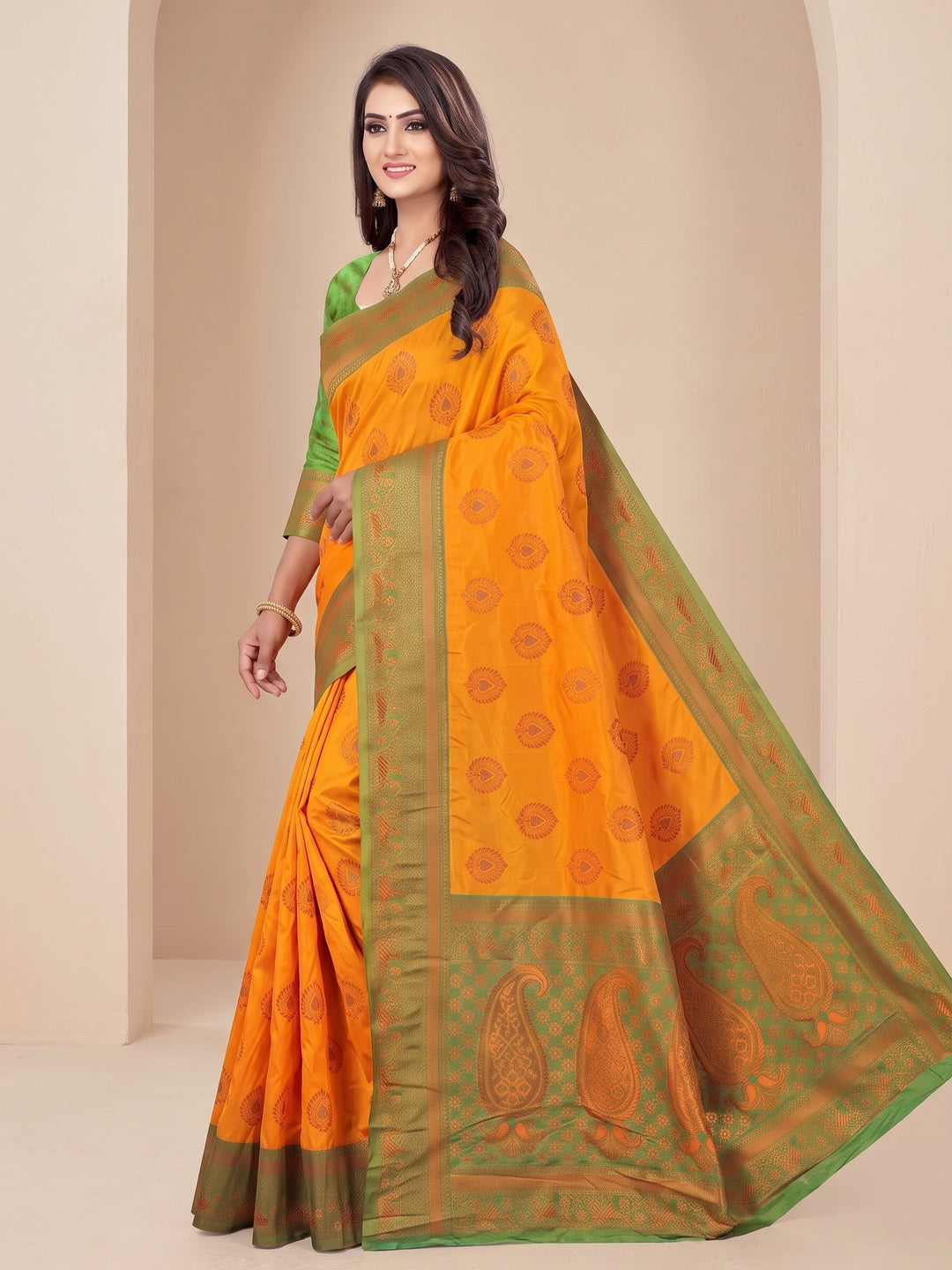 Peachmode Orange Classima Pure Silk Woven Saree - Image 4