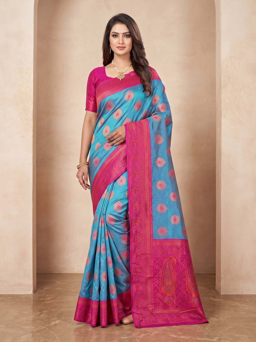 Peachmode Rama Blue Classima Pure Silk Woven Saree - Image 1