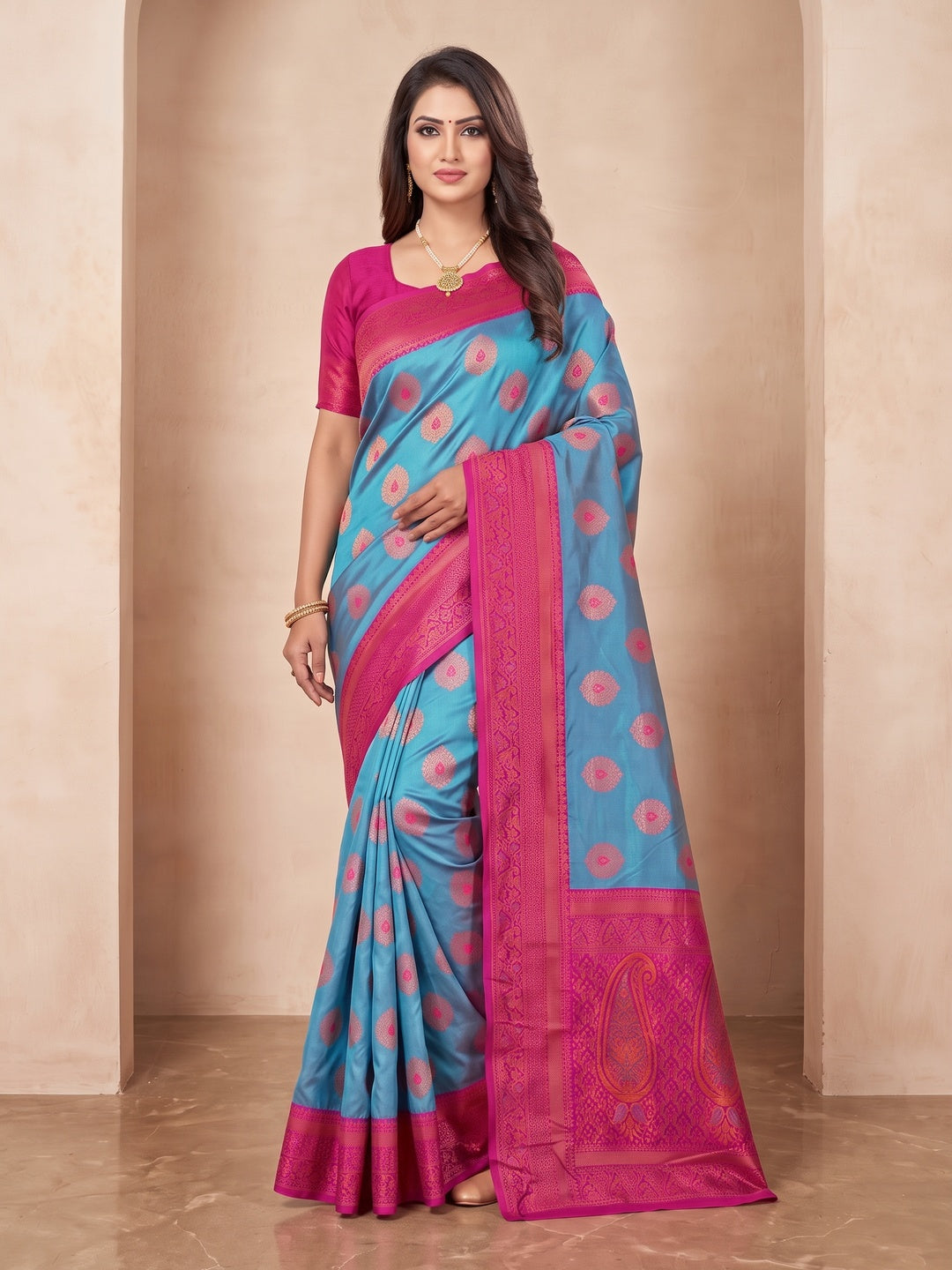 Peachmode Rama Blue Classima Pure Silk Woven Saree - Image 2