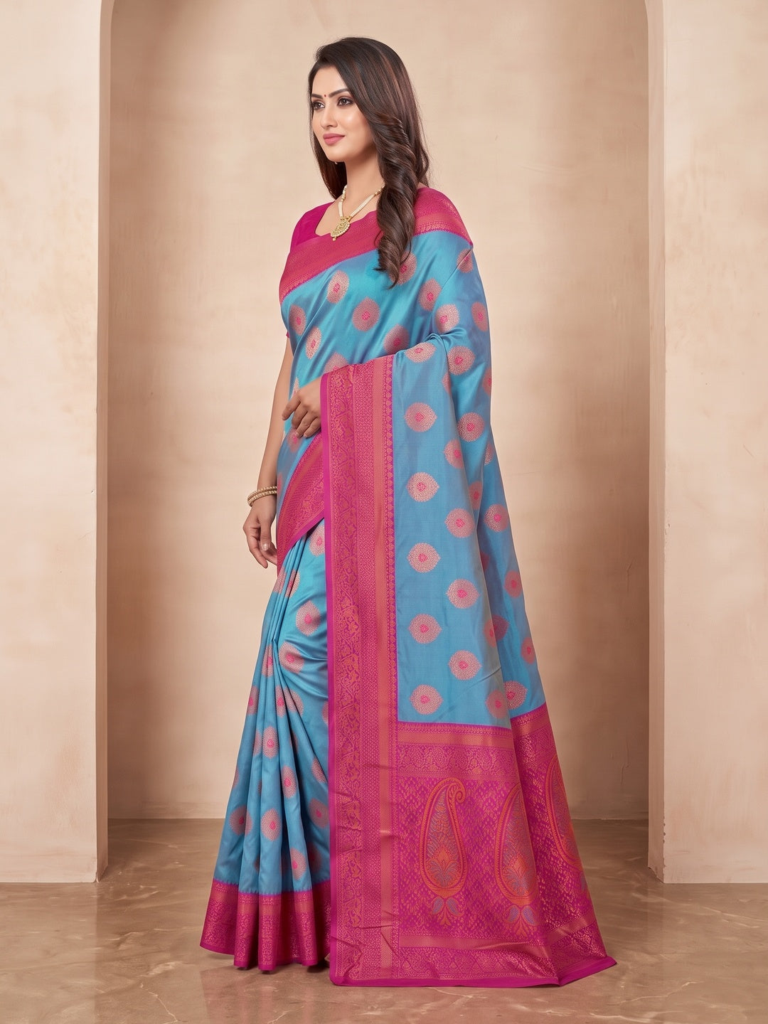 Peachmode Rama Blue Classima Pure Silk Woven Saree - Image 4