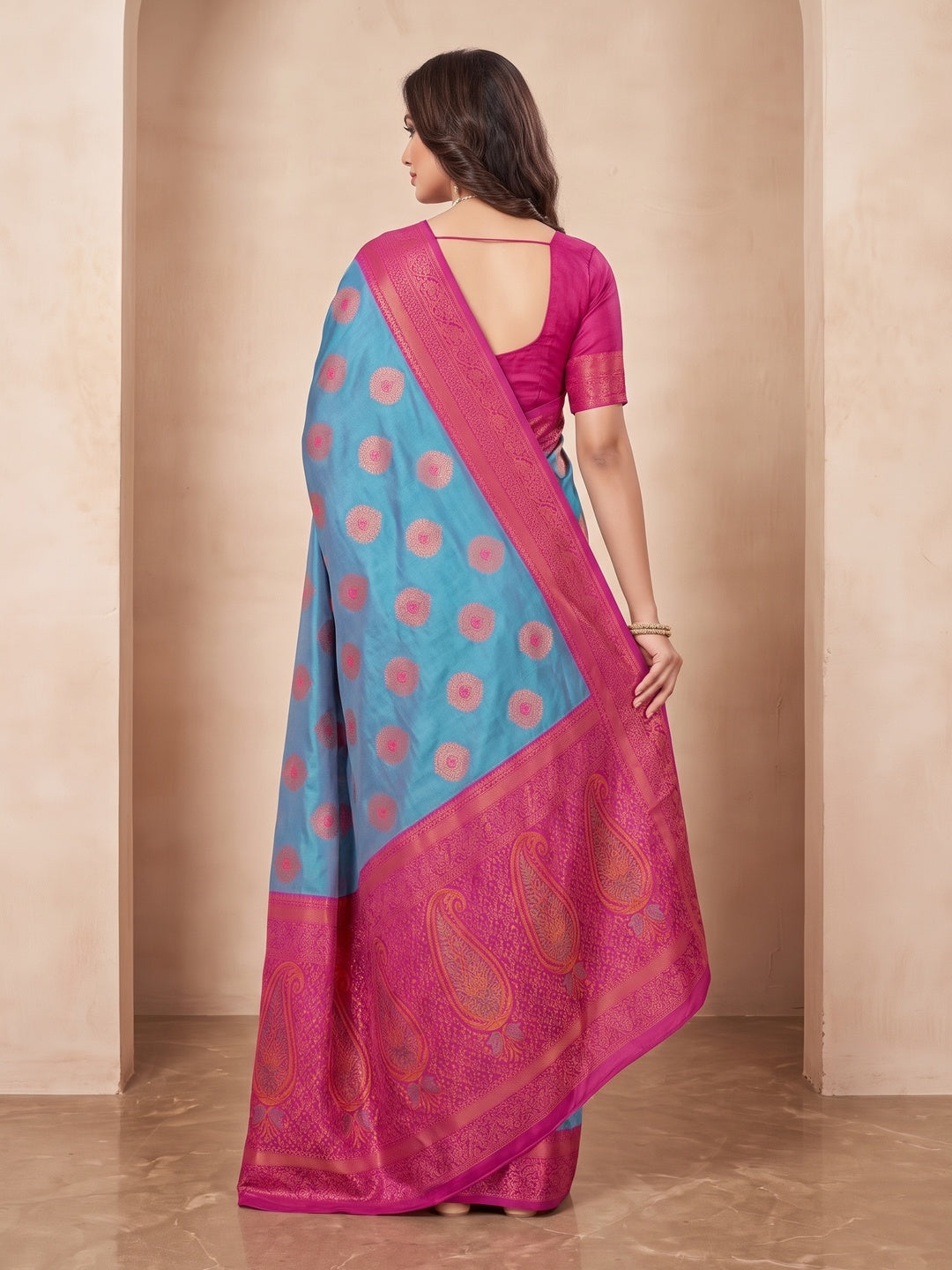 Peachmode Rama Blue Classima Pure Silk Woven Saree - Image 5