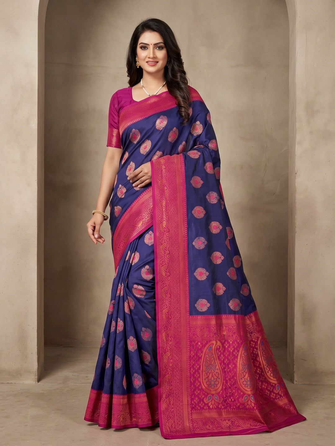 Peachmode Navy Blue Classima Pure Silk Woven Saree - Image 1