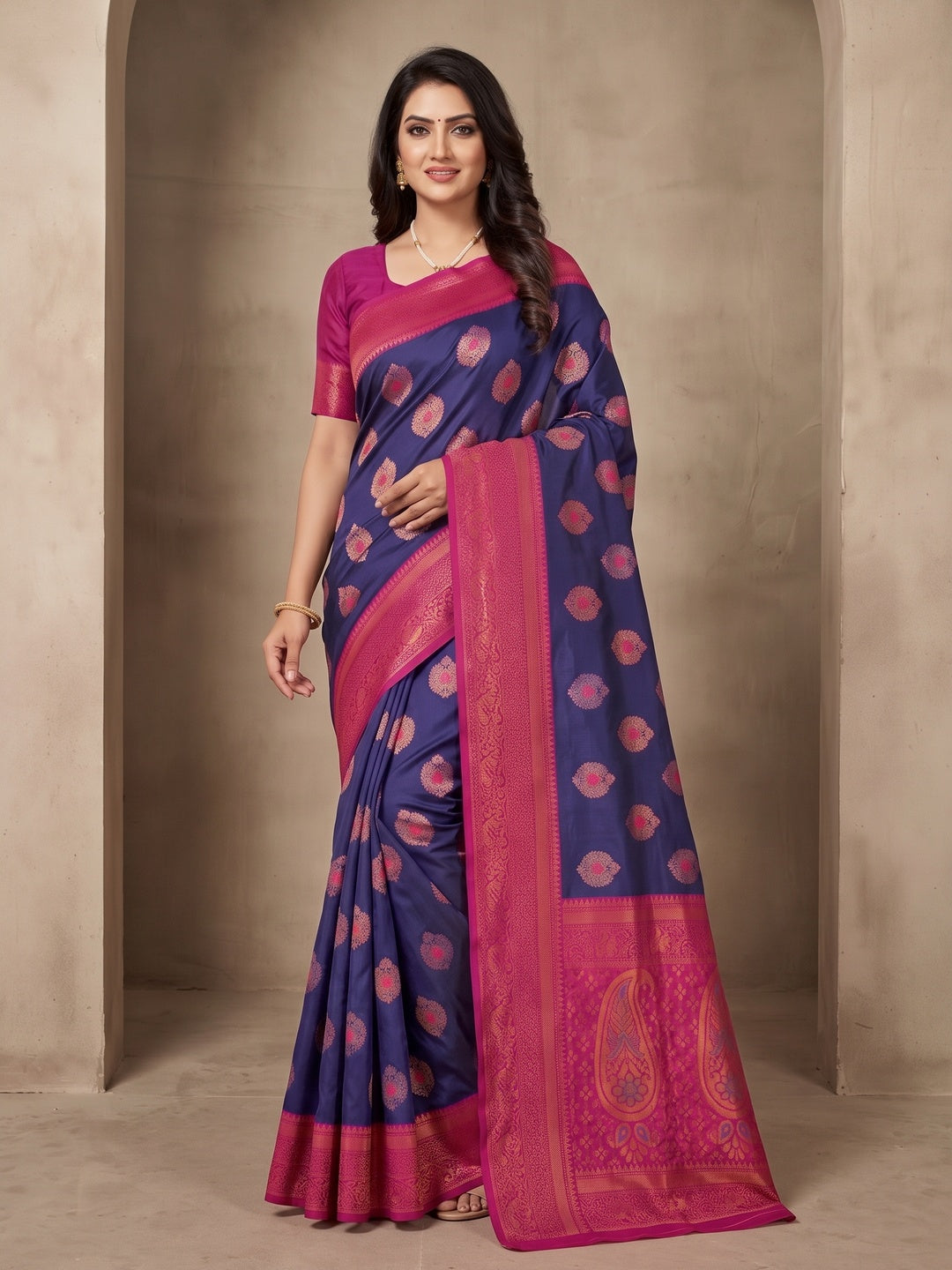 Peachmode Navy Blue Classima Pure Silk Woven Saree - Image 2