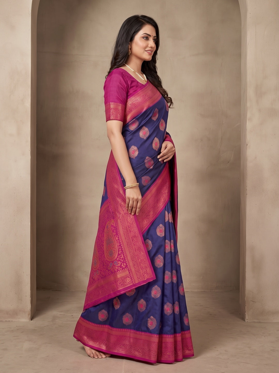 Peachmode Navy Blue Classima Pure Silk Woven Saree - Image 4