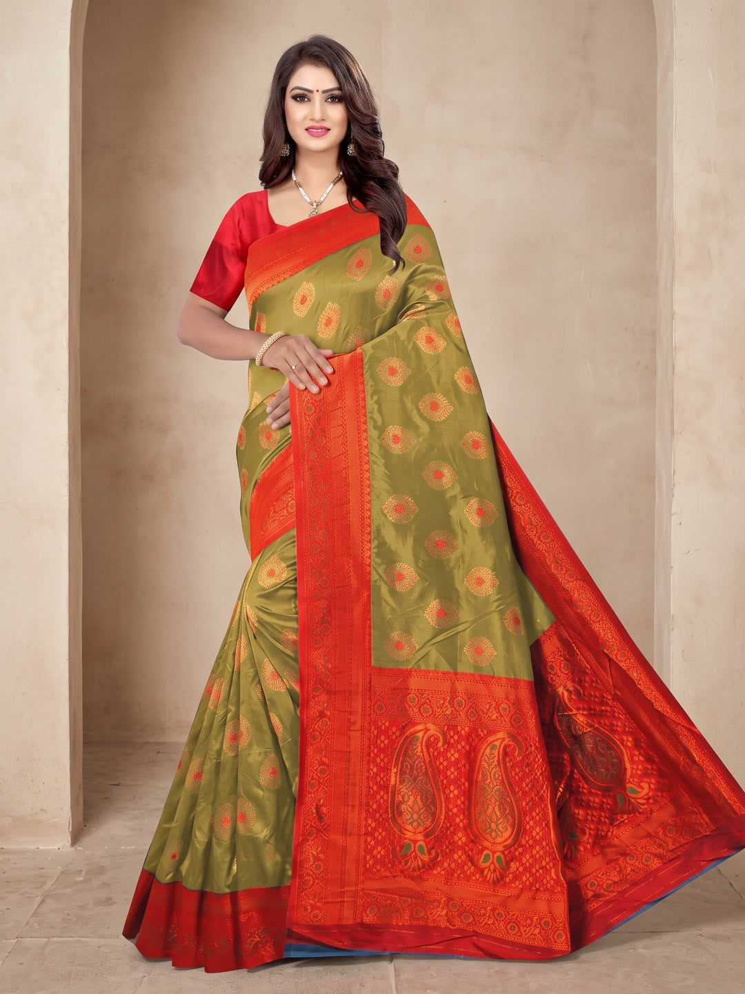 Peachmode Olive Classima Pure Silk Woven Saree - Image 1