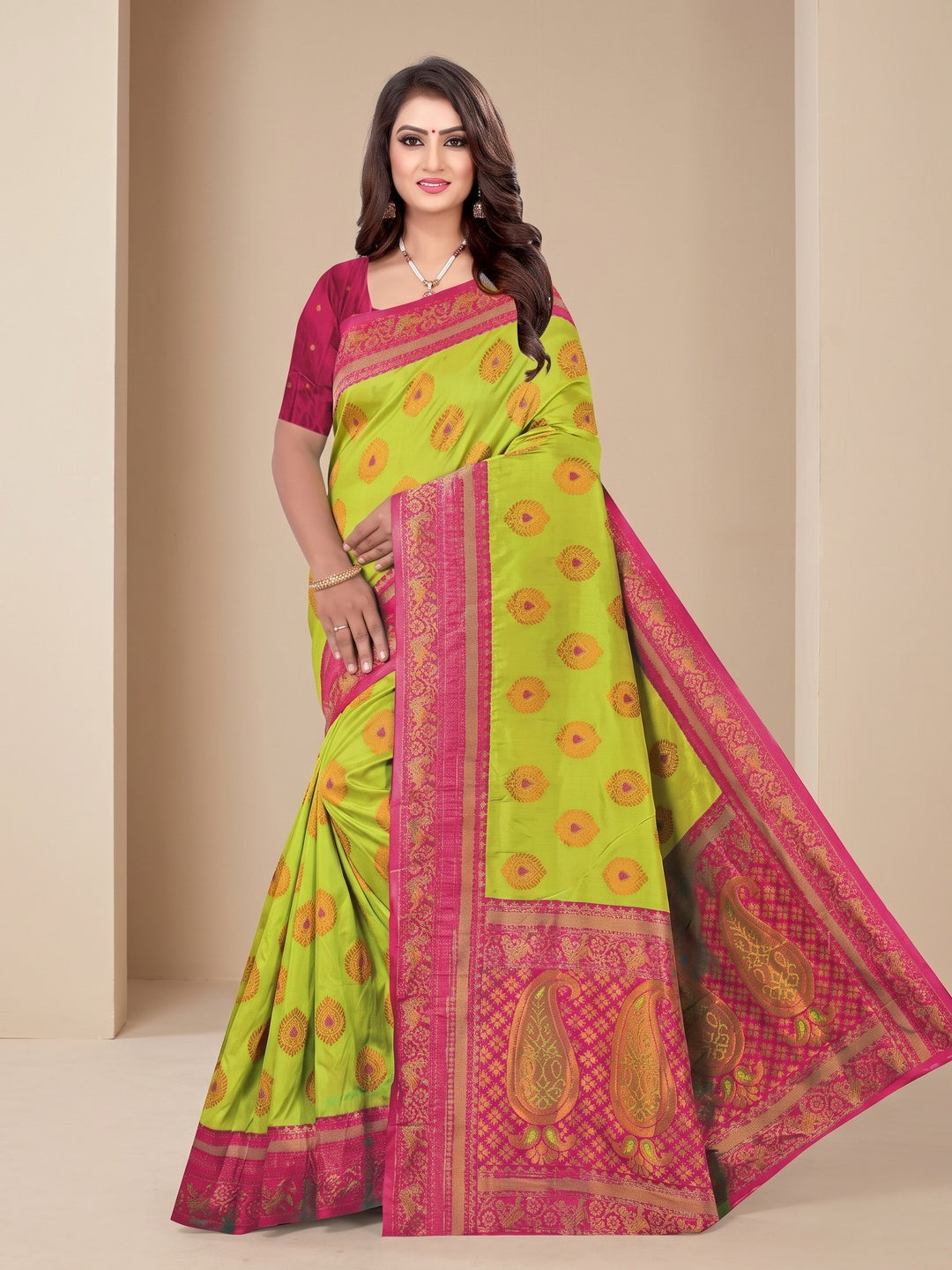 Peachmode Lime Green Classima Pure Silk Woven Saree - Image 1