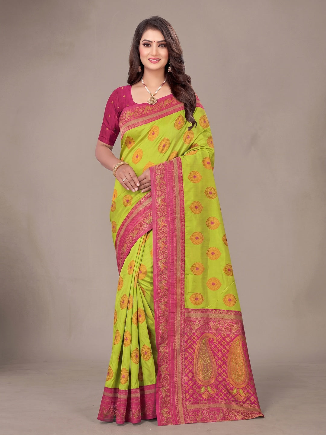 Peachmode Lime Green Classima Pure Silk Woven Saree - Image 2